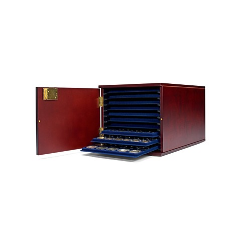 Gabinete para 10 bandejas de mondedas tab de formato-L, madera color caoba