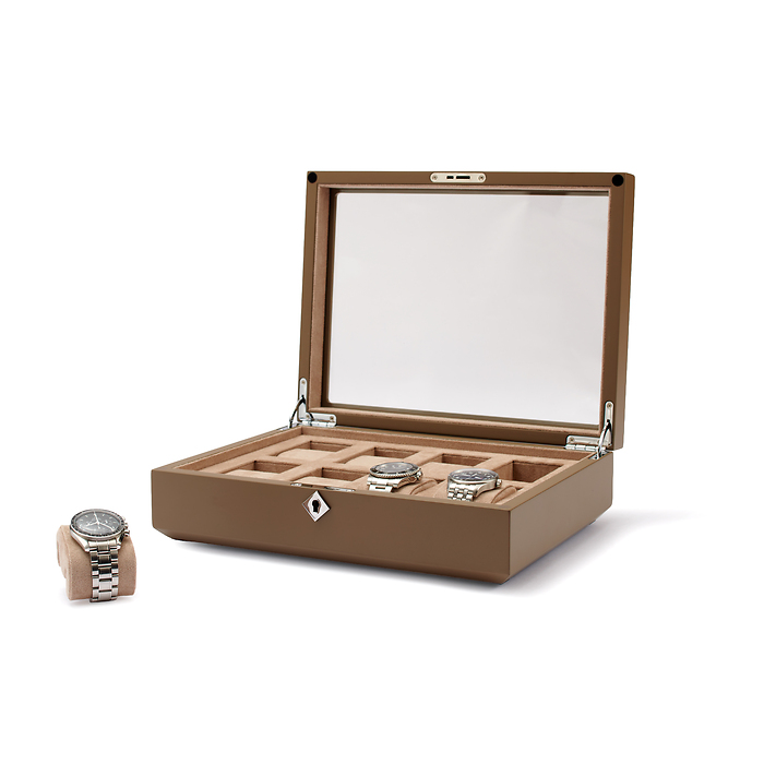 Caja para relojes Chronos con tapa de cristal, para 8 relojes, color negro
