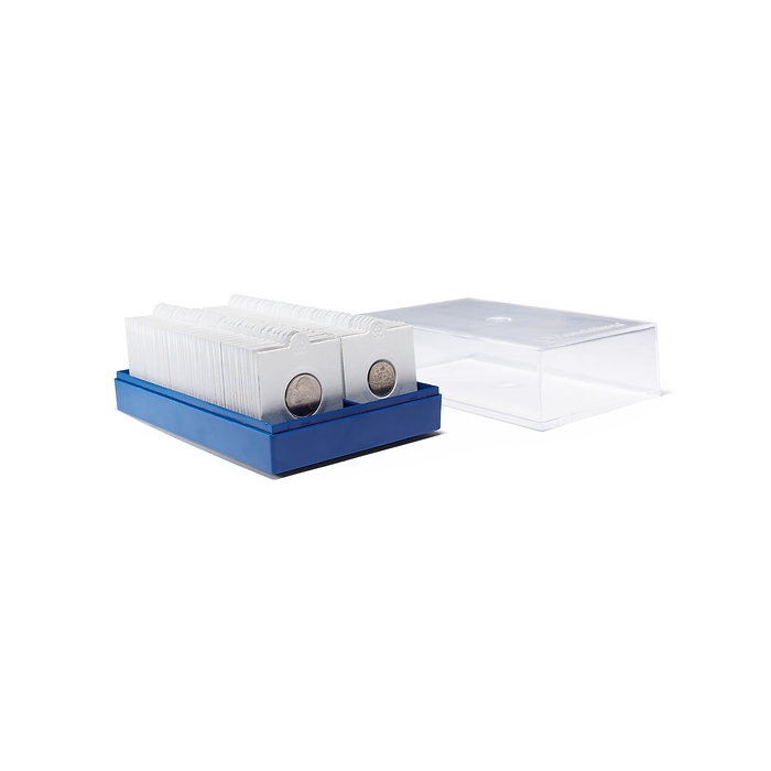 Caja de plástico KRBox para 100 cartones de monedas, azul