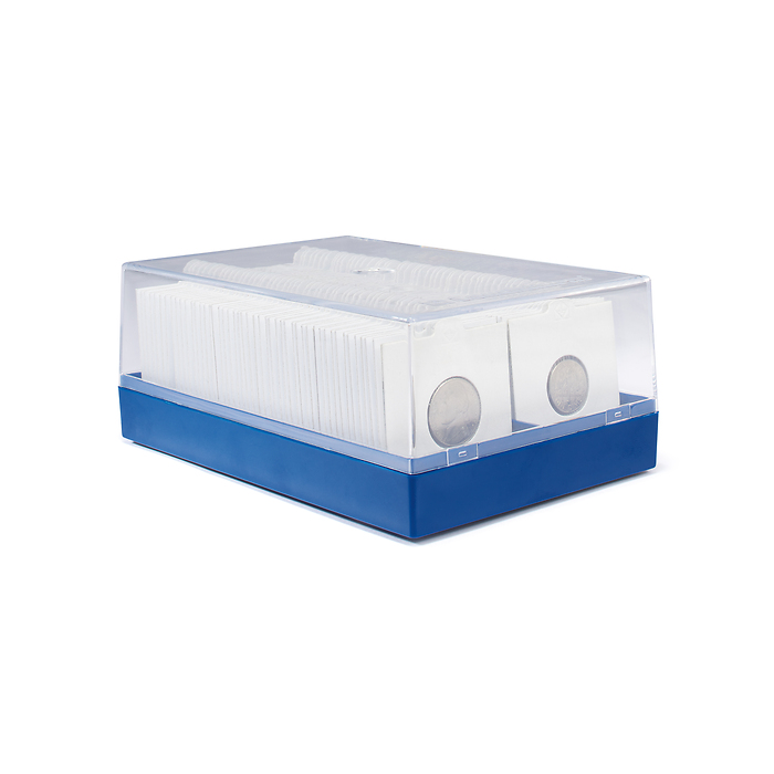 Caja de plástico KRBox para 100 cartones de monedas, azul