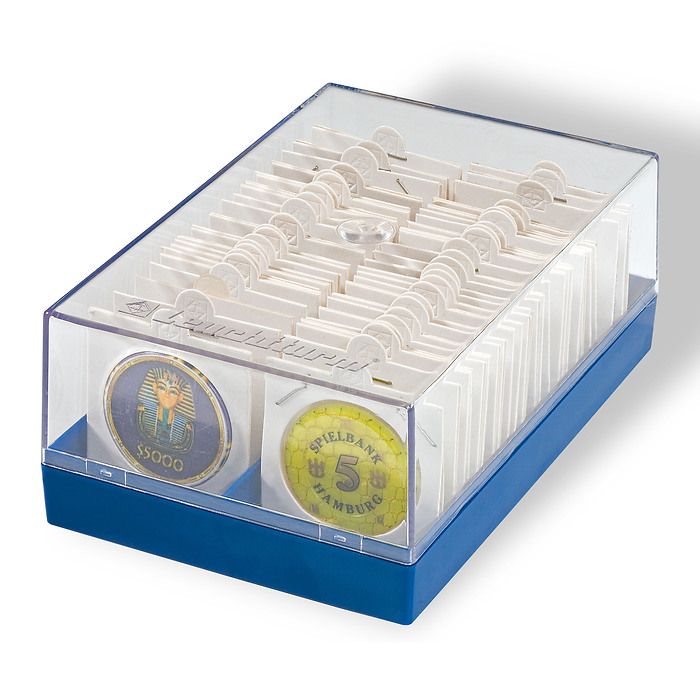 Caja de plástico para 100 cartones de monedas, azul