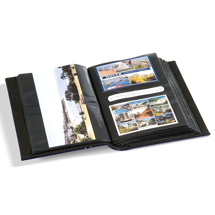 Álbum multiusos para 200 tarjetas postal., Cartas, fotos estándar o 100 fotos panor., azul