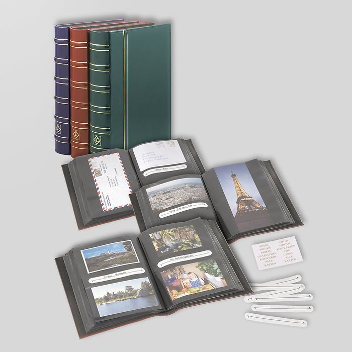 Álbum multiusos para 200 tarjetas postal., Cartas, fotos estándar o 100 fotos panor., azul