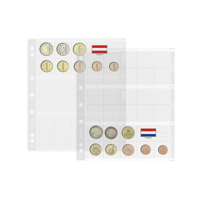 Hojas para monedas NUMIS, 3 series completas de monedas de euro, paquete de 5