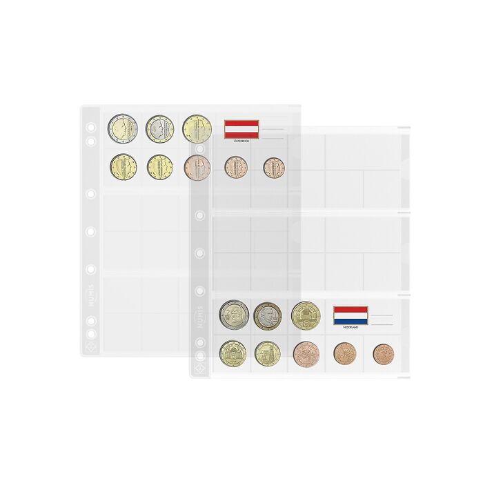 Hojas para monedas Numis, 3 series completas de monedas de Euro, paquete de 5