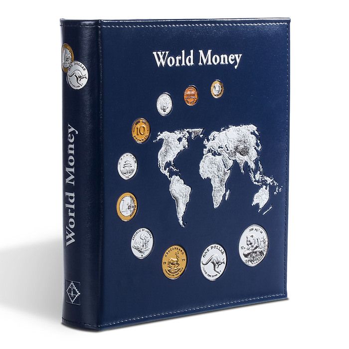 Álbum p.monedas OPTIMA, 'World Money' con 5 hojas OPTIMA diferentes, concajetín,azul