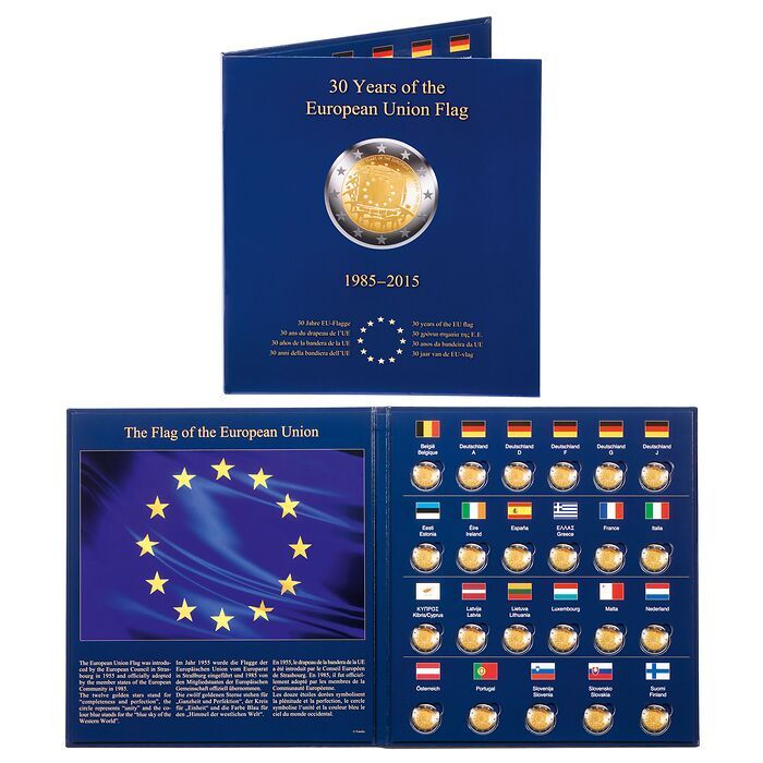 Álb. PRESSO para 23 monedas conmemorativas europ. de 2€ '30º aniv. de laBanderadela UE'