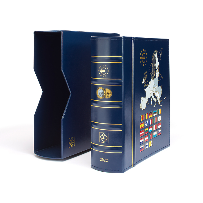Vista álbum anual para monedas de Euro 2022, con cajetín protector, azul