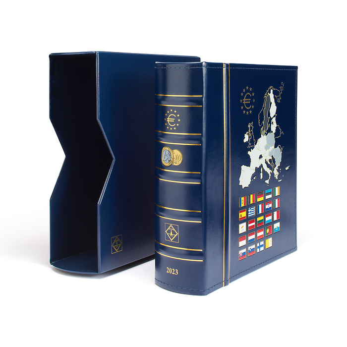 Vista álbum anual para monedas de Euro 2023, con cajetín protector, azul