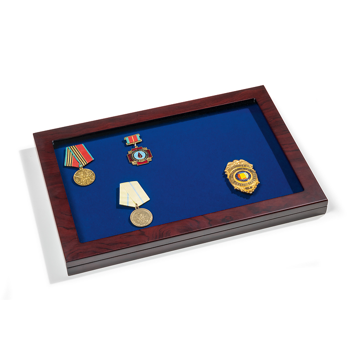 Vitrina de madera Militaria con tapa de cristal y función de soporte