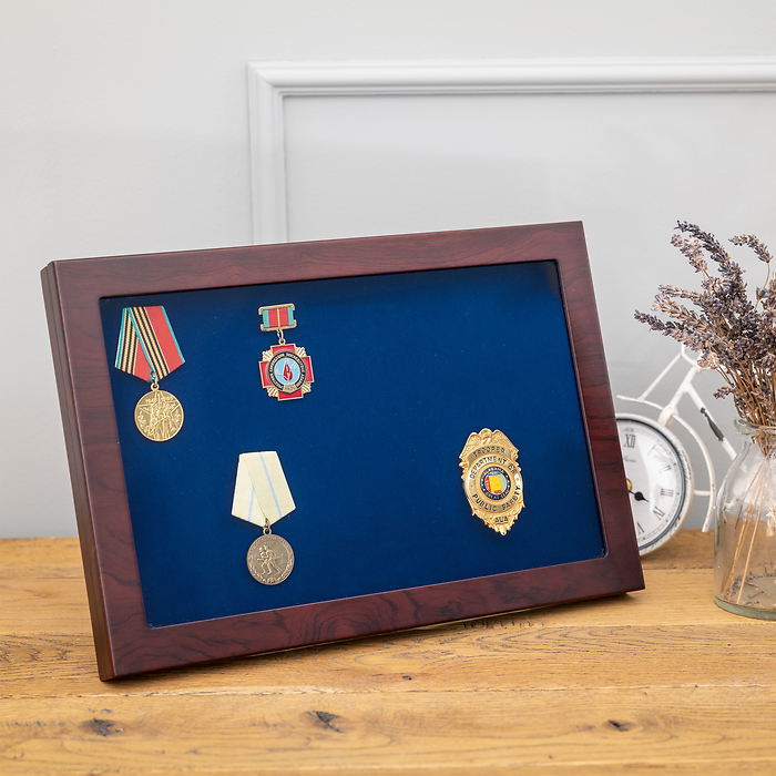 Vitrina de madera Militaria con tapa de cristal y función de soporte