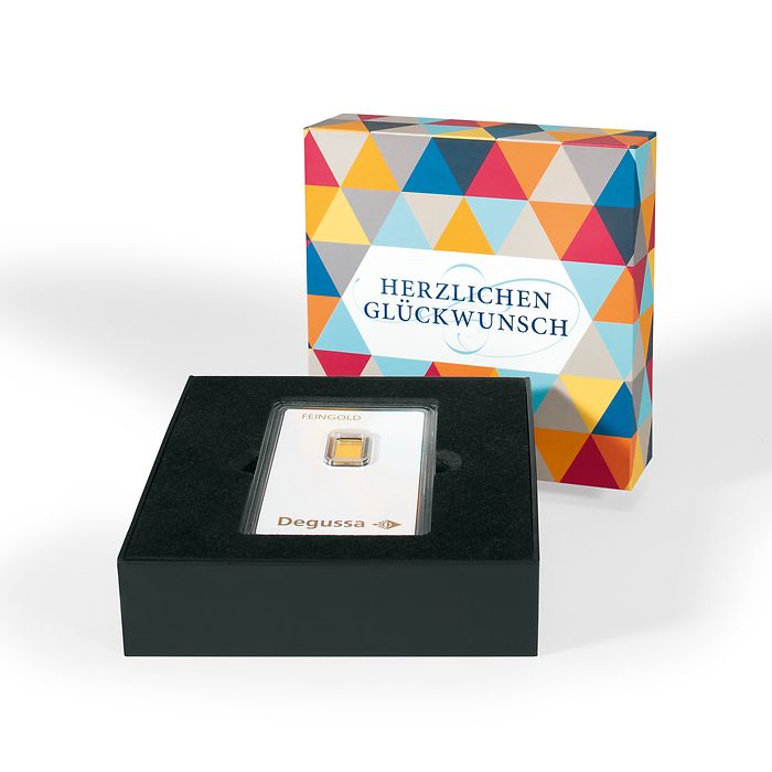 Estuche de regalo para un lingote de oro en blíster 'Herlichen Glückwunsch', moderno