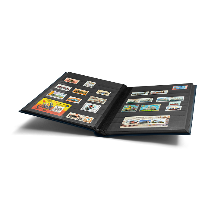 Clasificador Premium, DIN A4,  32 páginas negras, tapa de cuero* acolchada + cajetín, azul